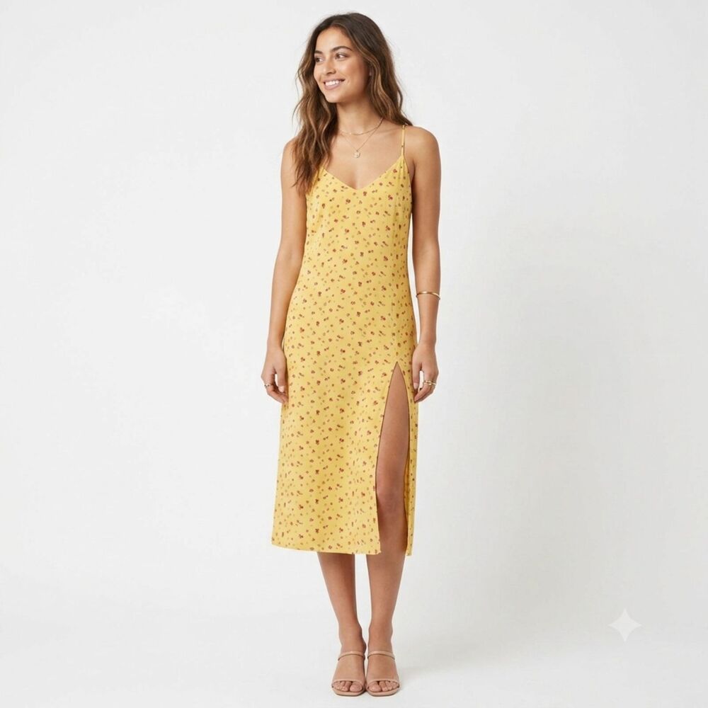 Reformation Crimini, Gwen Yellow Floral Print, Midi Slip Dress (8) Leg Slit